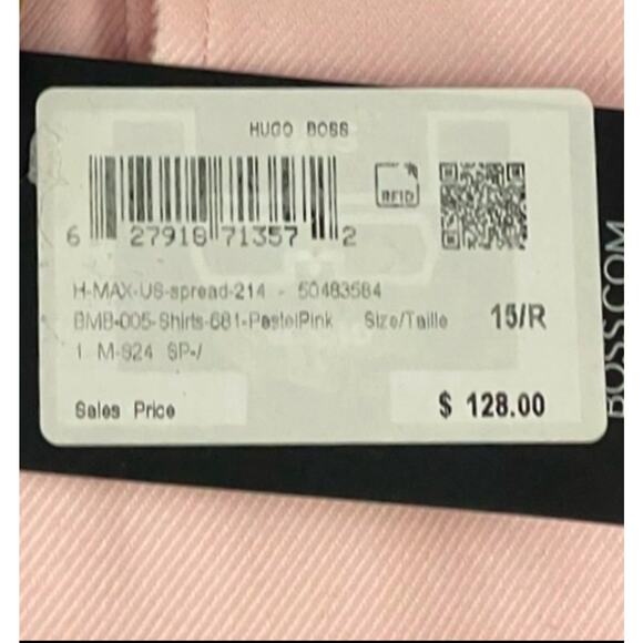 Hugo Boss Dress Shirt Mens 15 32/33 Pink Max Sharp Fit Easy Iron Stretch Cotton - Picture 3 of 6